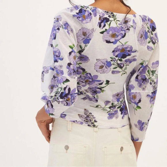 Anthropologie white/purple floral long sleeve ruched knit boho top sz small NWT - Picture 3 of 11